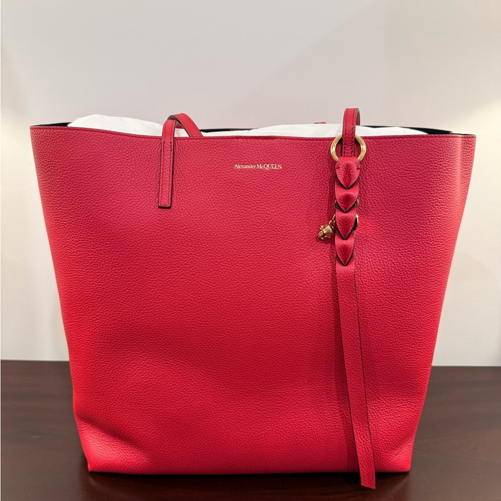 Alexander McQueen Crimson Red Pebbled Leather Tote with Braided Tassel